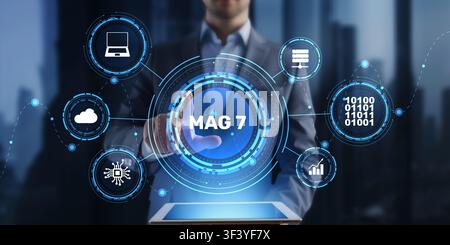 MAG 7 Technology Concept with AI Cloud Data Infrastructure Analytics Platform Digital Transformation and Enterprise Innovation Systems. Stock Photo
