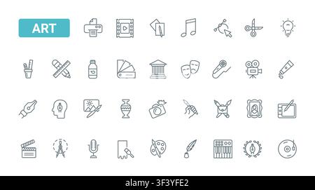Creative arts and media symbols featuring painting, drawing, music, theater, photography and design tools for culture, education and studio projects black line icons set vector illustration Stock Vector