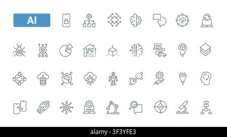 Artificial intelligence technology symbols for automation, machine learning, robotics and smart digital systems used in data driven innovation black line icons set vector illustration Stock Vector