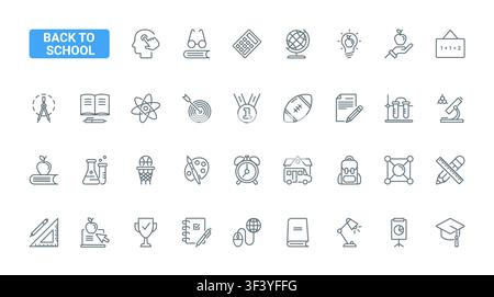 Back to school education symbols featuring classroom learning, science, math, reading and academic tools for study materials and student projects black line icons set vector illustration Stock Vector