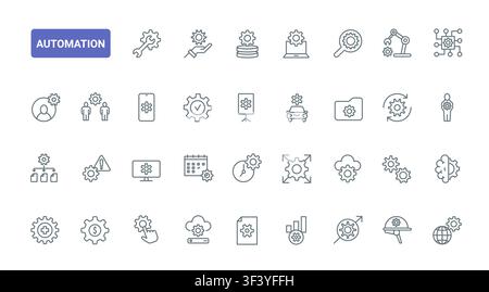 Automation technology symbols for robotics, workflow control, smart manufacturing, cloud systems and industrial optimization in digital operations black line icons set vector illustration Stock Vector