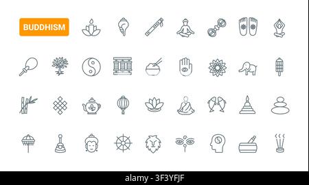 Buddhist spiritual symbols and meditation elements representing mindfulness, prayer, ritual practice, temple culture and inner balance black line icons set vector illustration Stock Vector