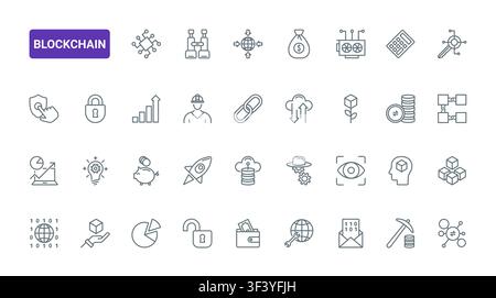 Blockchain and cryptocurrency symbols for mining, wallets, security, analytics, cloud transfer and decentralized finance concepts in digital payment systems black line icons set vector illustration Stock Vector