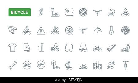 Bicycle transportation symbols showing cycling gear, parking, repair, safety, routes and urban mobility elements for sport and commuting use black line icons set vector illustration Stock Vector