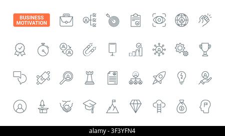 Business motivation symbols for achievement, leadership, teamwork, goals, innovation and career growth in professional development themes black line icons set vector illustration Stock Vector