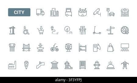 Urban infrastructure and public service symbols covering transport, housing, healthcare, leisure, shopping and civic facilities for city planning visuals black line icons set vector illustration Stock Vector