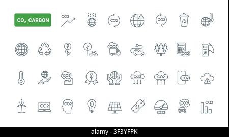 Carbon emissions and CO2 sustainability symbols for climate change, recycling, clean energy, electric transport and environmental monitoring black line icons set vector illustration Stock Vector