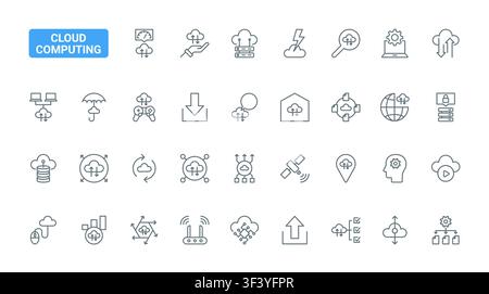 Cloud computing symbols for storage, upload, download, security, networking and remote access across digital infrastructure workflows black line icons set vector illustration Stock Vector