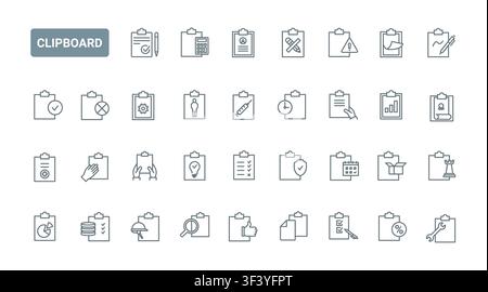 Clipboard themed symbols for checklists, reports, planning, approval, analytics and office workflow tasks across business, healthcare and productivity tools black line icons set vector illustration Stock Vector