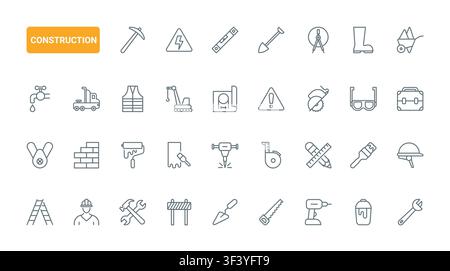 Construction tools and building equipment symbols for engineering, renovation, safety, masonry and site work planning in professional projects black line icons set vector illustration Stock Vector