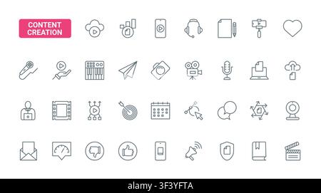 Creative content production symbols for video, audio, publishing and social media workflows, covering recording, editing, sharing and audience engagement red black line icons set vector illustration Stock Vector