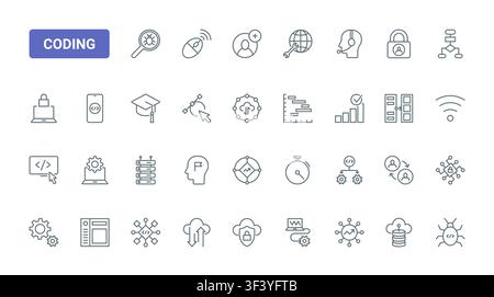 Coding and programming symbols for software development, debugging, cloud systems, analytics, security and digital engineering workflows black line icons set vector illustration Stock Vector