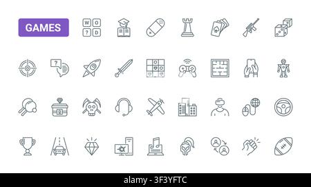 Computer gaming symbols covering strategy, action, sports, virtual reality and arcade play for apps, interfaces, esports branding and entertainment design black line icons set vector illustration Stock Vector