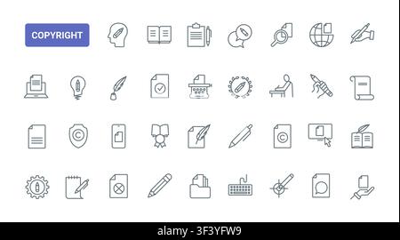 Copyright and copywriting symbols for publishing, authorship, legal protection and creative content management across documents, books and digital media black line icons set vector illustration Stock Vector