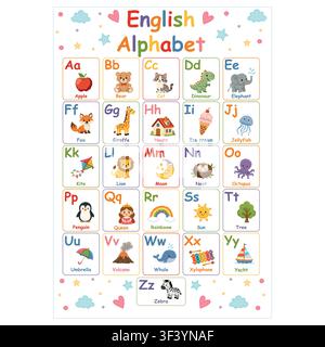 Cute English alphabet poster with animals and objects for kids vector illustration Stock Vector