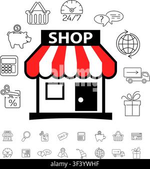 Internet Shopping vector concept with Line Icon Set and Flat Shop Icon for e-commerce marketing and advertising Stock Vector