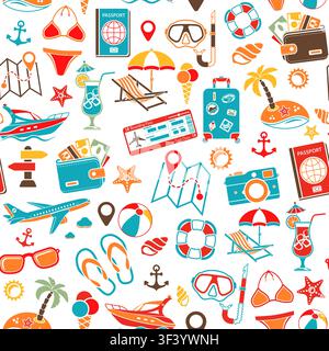 Vacation and Tourism Seamless Pattern with Flat Icon Set for Mobile Applications, Web Site, Advertising like Boat, Cocktail, Island, Aircraft and Suit Stock Vector