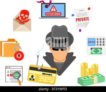 Cyber Crime Concept with Flat Icons for Flyer, Poster, Web Site on Theme Phishing. Stock Vector