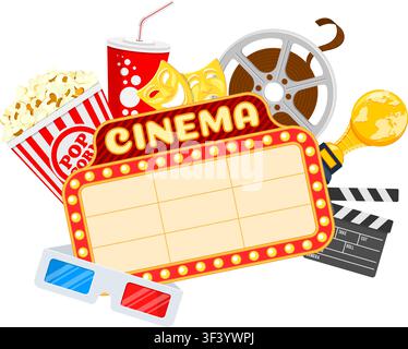 cinema auditorium with seats and signboard, popcorn, drink in paper cup, 3d glasses, tickets on screen. flat style icons. isolated vector illustration Stock Vector