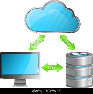 Cloud Computing Concept with Computer, Database Icon and Arrow, isolated on white background, vector Stock Vector