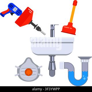 Plumbing Service Concept with cleaning sink and Plumber Tools Flat Icons. Vector illustration. Stock Vector