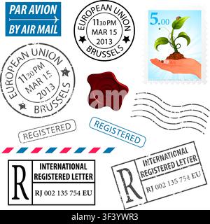 Set Grunge Postage Stamps, vector isolated on white background Stock Vector