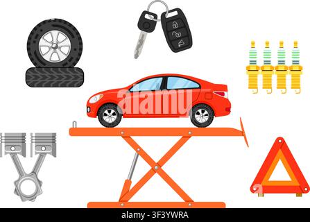 Car Service concept with Flat Icons like jack, Spark Plug and piston. Vector illustration. Stock Vector
