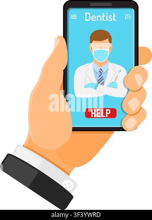 Online doctor Concept. Man holding smart phone in hand and calls dentist. Flat style icons. Isolated vector illustration Stock Vector