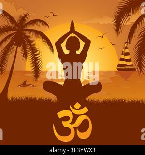 Silhouette of a Girl in Yoga pose on Summer background with palm tree, dolphin and yacht, element for design, vector illustration Stock Vector