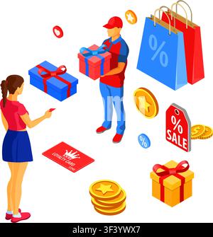 Customer loyalty programs as part of customer return marketing. gift box reward, returns, interest, points, bonuses. support gives gift according to l Stock Vector