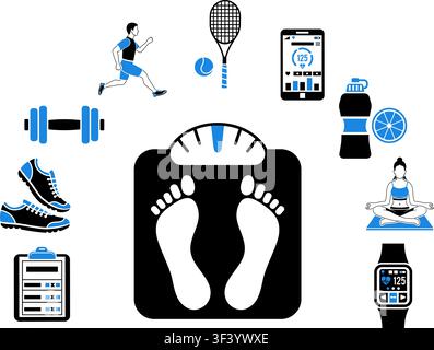 Fitness, Gym, Health Concept for Mobile Applications, Web Site, Advertising like Yoga, Runner, Weight and Gadgets Icons. Stock Vector