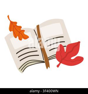 Open book with autumn leaves of mapple and oak tree in minimalist style. Vector illustration isolated on white. Cartoon flat open book can used for co Stock Vector