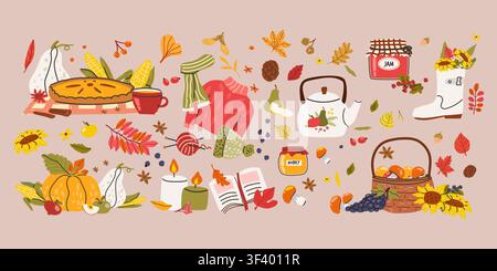 Cozy autumn elements set in cartoon flat style. Cute autumn fall stickers, knit clothes, candles, hot tea, pie, pumpkin and corn, mug, jam, boot, mush Stock Vector