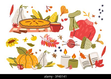 Cozy autumn stickers in cartoon flat style. Harvest elements apple pie, corn and pumpkins and book with fall leaves. Set of knitting sweater, scarf an Stock Vector