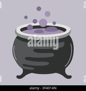 Hand-drawn Halloween witch cauldron with violet bubbling magic poisonous potion for seasonal decor or party cards Stock Vector