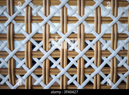 Close Up of Woven Rattan Pattern Texture, Natural Brown and White Synthetic Weave Background, Handcrafted Basket Material, Geometric Furniture Surface Stock Photo