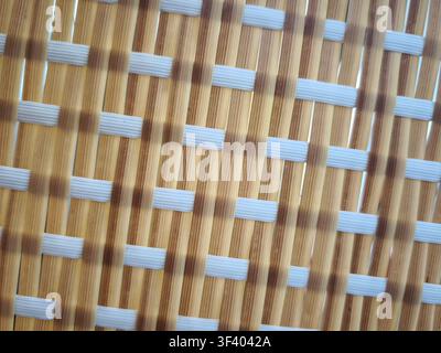 Close Up of Woven Rattan Pattern Texture, Natural Brown and White Synthetic Weave Background, Handcrafted Basket Material, Geometric Furniture Surface Stock Photo
