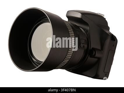 black dslr camera isolated white background, digital single lens reflex body with attached lens hood in close-up view Stock Photo