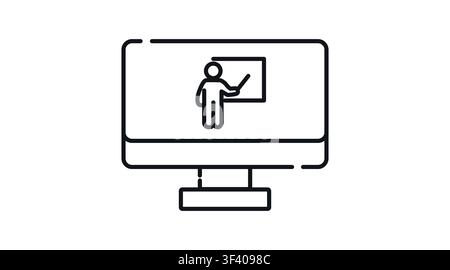 Desktop computer with teacher explaining on whiteboard symbol on screen vector icon. Black line art style on white background. Online education, e-lea Stock Vector