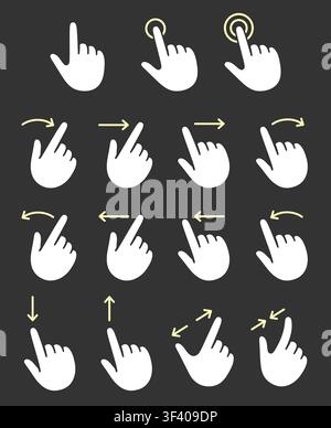 Touch screen finger gestures icons. Tap, swipe, scroll, drag, pinch to zoom. Cartoon hand drawn vector illustration set. Stock Vector