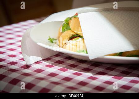 Fresh bread rolls on white plate beneath napkin, warm sunlight over red and white checkered tablecloth creating rustic breakfast dining mood in cozy Stock Photo