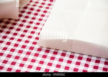 White paper napkins resting on red and white checkered picnic tablecloth with soft daylight, close up tabletop view, simple dining setup, casual Stock Photo