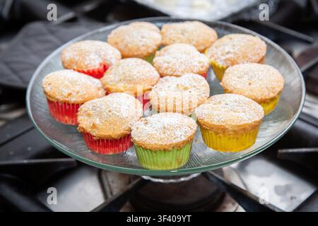 Powdered cupcakes in colorful paper cups arranged on glass cake stand above kitchen stove, creating homemade dessert presentation with soft golden Stock Photo