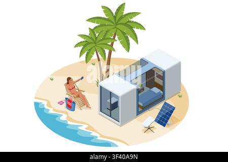 Isometric beach capsule house with woman taking a selfie beside palm tree, ocean and portable solar panel, showing eco tourism, vacation, clean energy Stock Vector