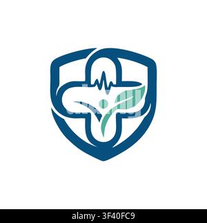 Modern Clean Medical Cross Shield Logo with Leaf and Pulse Stock Vector