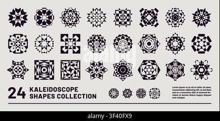 Kaleidoscope logo. Abstract circular arabesque icon, radial ornament brutalist mandala or minimal acid symmetry rhythm. Decorative backgrounds and modern graphic. Vector monochrome isolated emblem Stock Vector