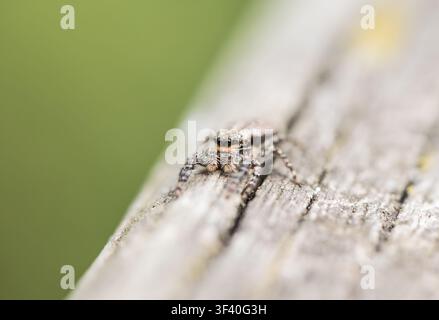 Fence-post Jumping Spider (Marpissa muscosa) on a fence at Rye Meads, Herts Stock Photo