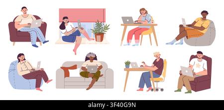 People using laptops at home. Remote work and online learning scene with casual seating, desks and indoor plants, digital communication, productivity. Vector cartoon flat style isolated illustration Stock Vector