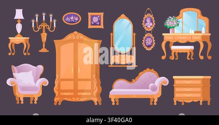 Castle bedroom. Vintage bed room interior, antique princess armchair as Victorian palace furniture. Royal nightstand. Traditional home decor mirrors and wall art. Vector cartoon flat isolated set Stock Vector
