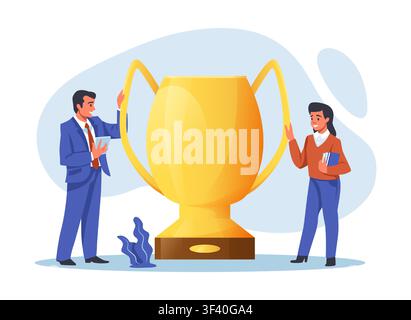 People with trophy. Business partner success and achievement goals concept. Large golden cup, symbol of victory, leadership and competition winner prize vector cartoon flat style isolated illustration Stock Vector
